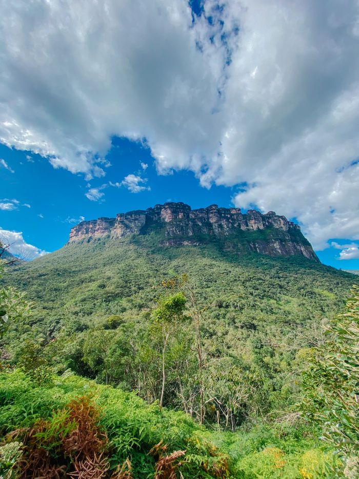 Stunning view of Chapada Diamantina's mountains in Bahia, Brazil, showcasing lush greenery and blue skies.